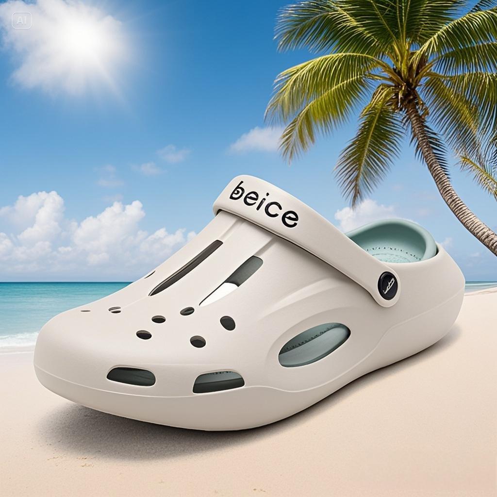 jimeng-2025-06-26-2288-背景是蓝天白云沙滩椰子树，给鞋子清晰的特写.jpeg