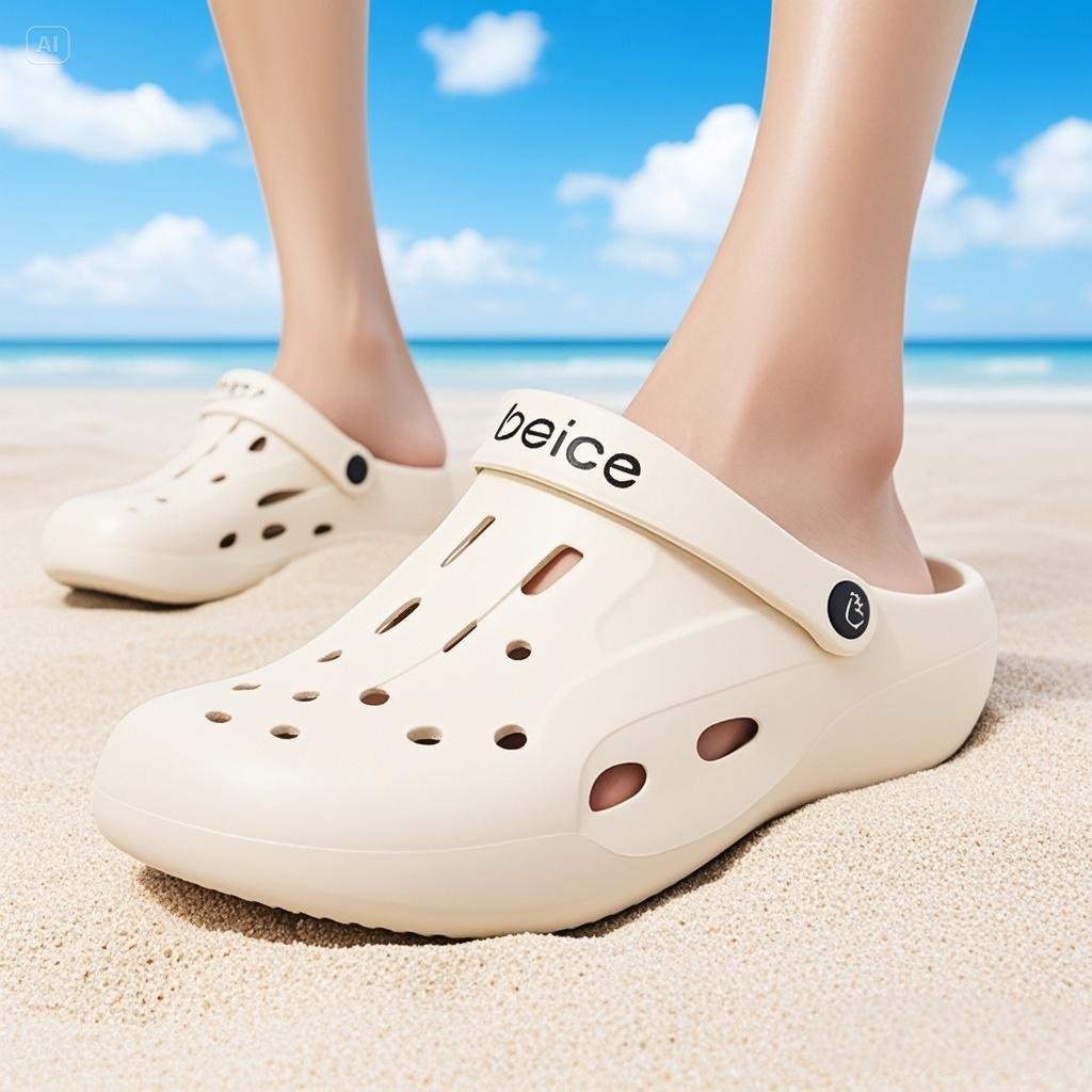 jimeng-2025-06-26-3407-背景是蓝天白云沙滩，白嫩的双脚穿着鞋子在沙滩上.jpeg