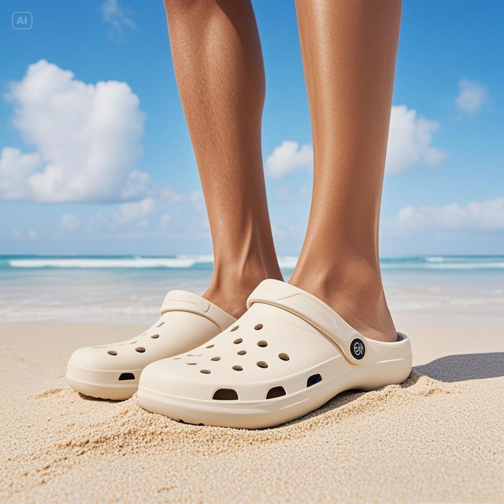 jimeng-2025-06-26-6161-背景是蓝天白云沙滩，白嫩的双脚穿着鞋子在沙滩上.jpeg