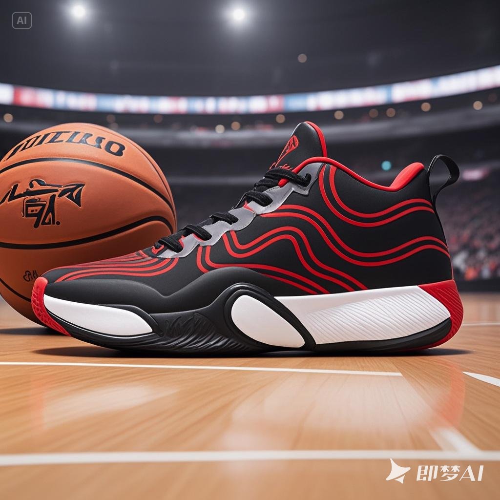 jimeng-2025-06-27-1622-帮我生成在不同背景下的图片，展示鞋子的细节 旁边配有篮球或者篮球场.jpeg