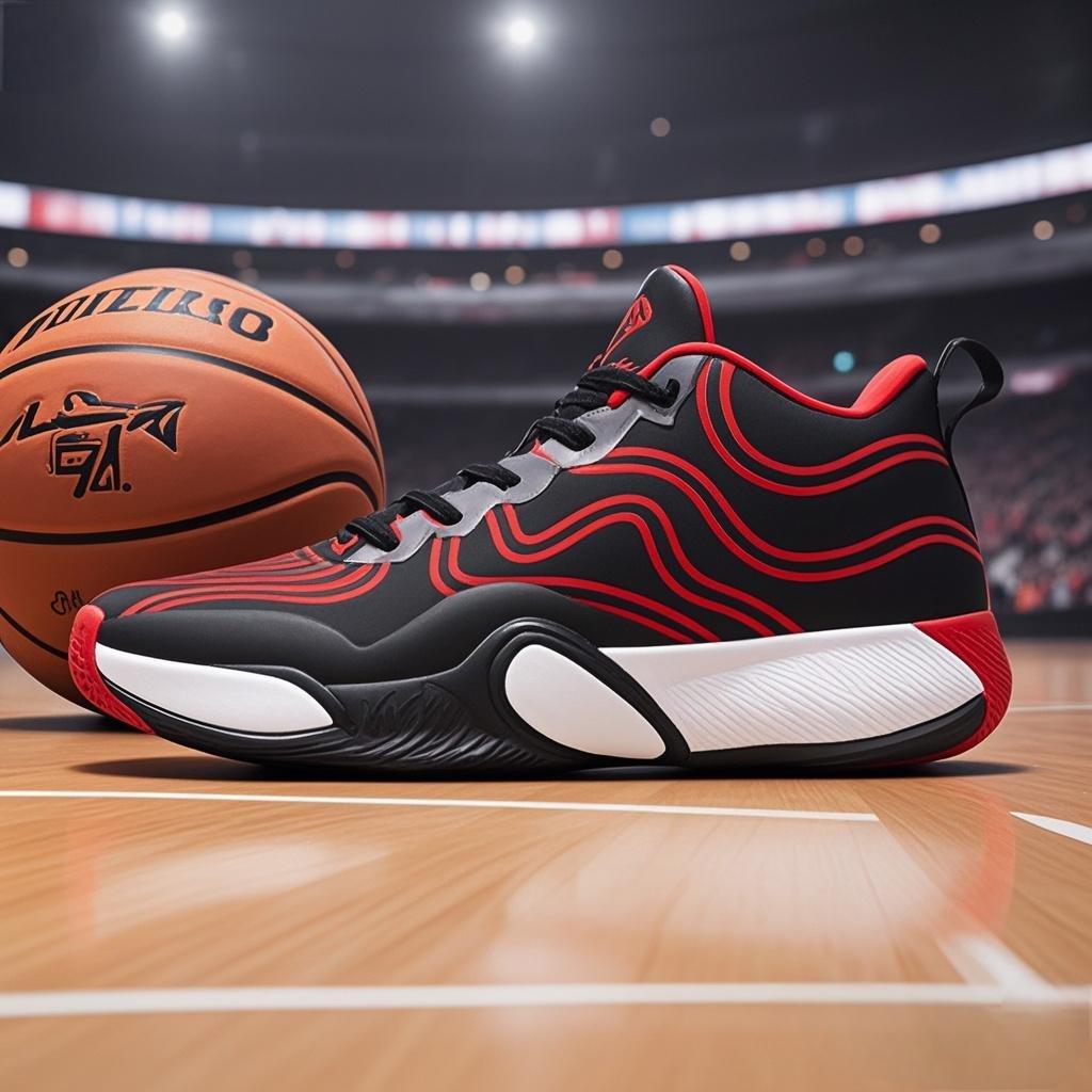 jimeng-2025-06-27-1622-帮我生成在不同背景下的图片，展示鞋子的细节 旁边配有篮球或者篮球场.jpeg
