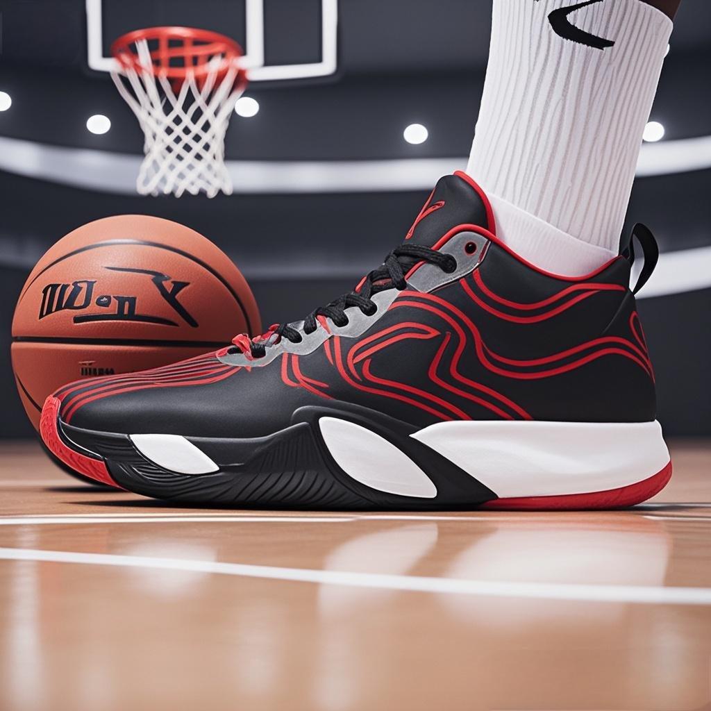 jimeng-2025-06-27-5174-帮我生成在不同背景下的图片，展示鞋子的细节 旁边配有篮球或者篮球场.jpeg